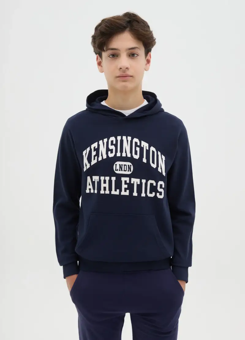 OVS Felpa In French Terry Con Cappuccio E Stampa, Bambino, Blu