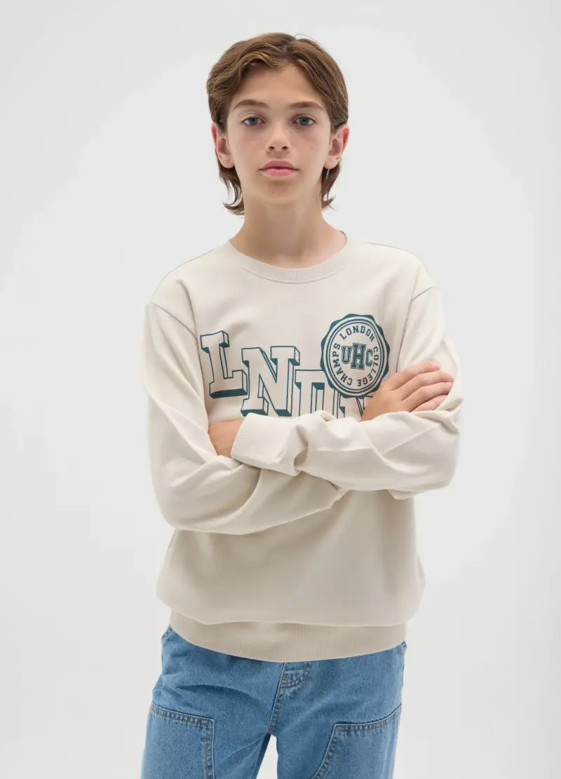 OVS Felpa In French Terry Con Stampa Lettering, Bambino, Beige