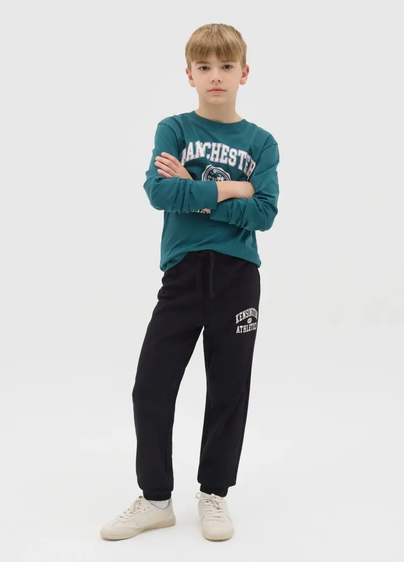 OVS Joggers In Felpa Con Coulisse E Stampa, Bambino, Nero