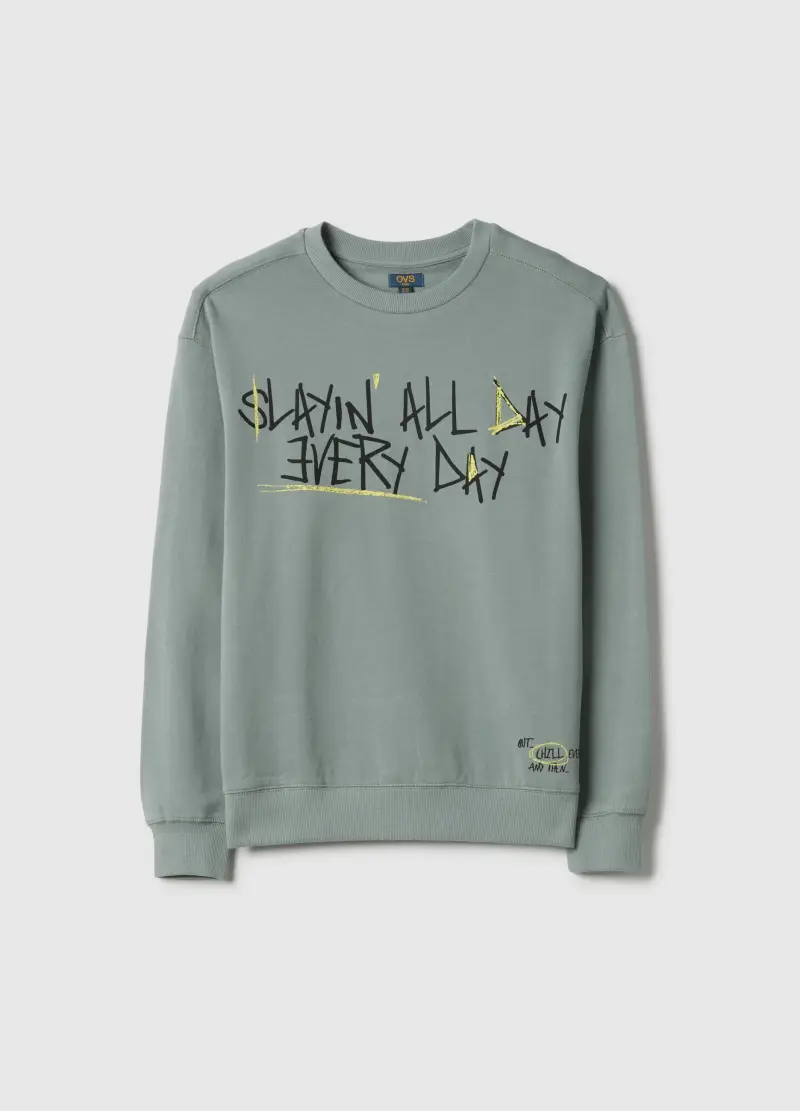 OVS KIDS Felpa In Puro Cotone Verde Da Ragazzo Over Fit Con Scritta, Bambino, Verde