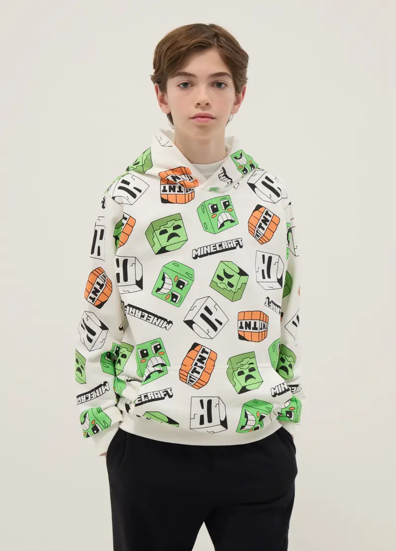 OVS KIDS Felpa Multicolor Con Cappuccio In Misto Cotone Con Stampa Minecraft Per Ragazzi, Bambino, Multicolor