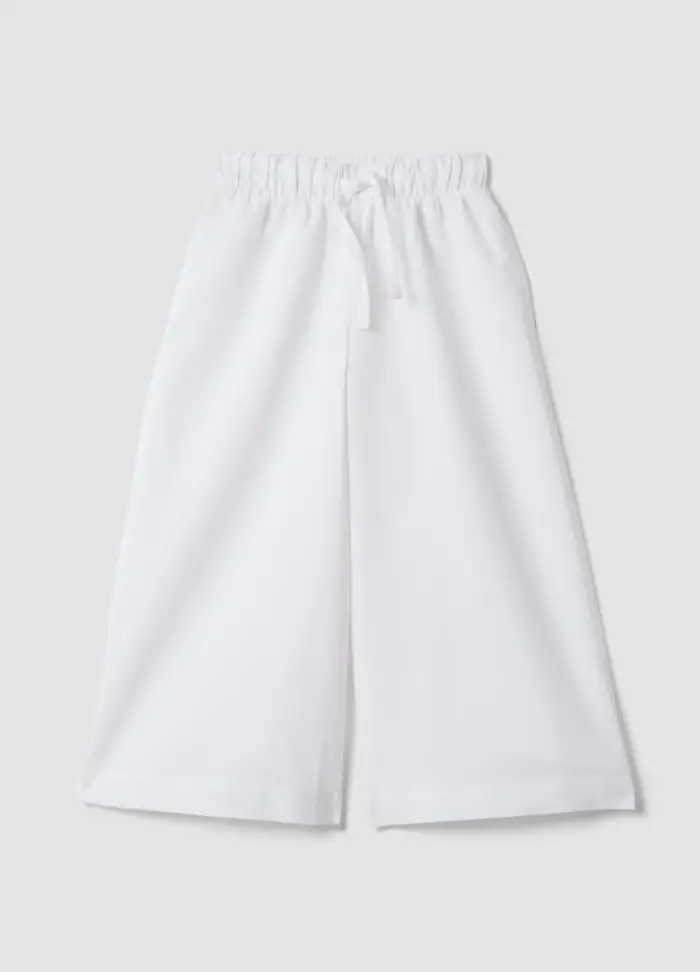 Pantaloni Bianchi In Misto Lino E Cotone Da Bambina Wide Leg, Bianco