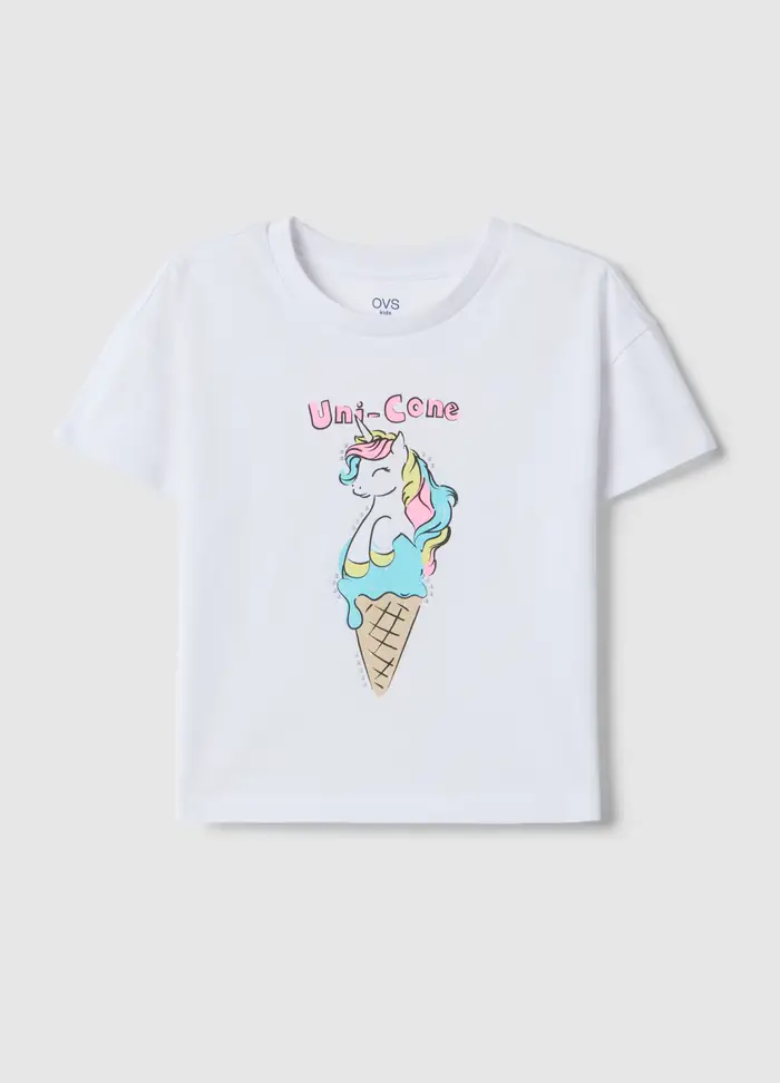 OVS KIDS T-shirt In Puro Cotone Bianca Da Bambina Regular Fit Con Gelato, Bianco
