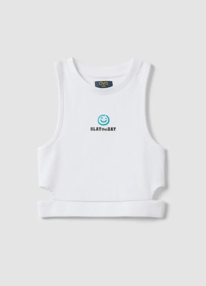 Tank Top Fitted Bianco In Cotone Elasticizzato Da Ragazza, Bambina, Bianco