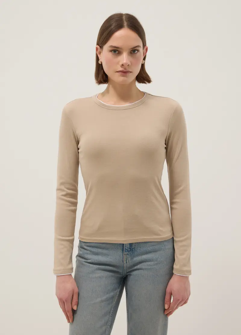 OVS Maglia A Maniche Lunghe In Puro Cotone Beige Regular Fit, Donna, Beige