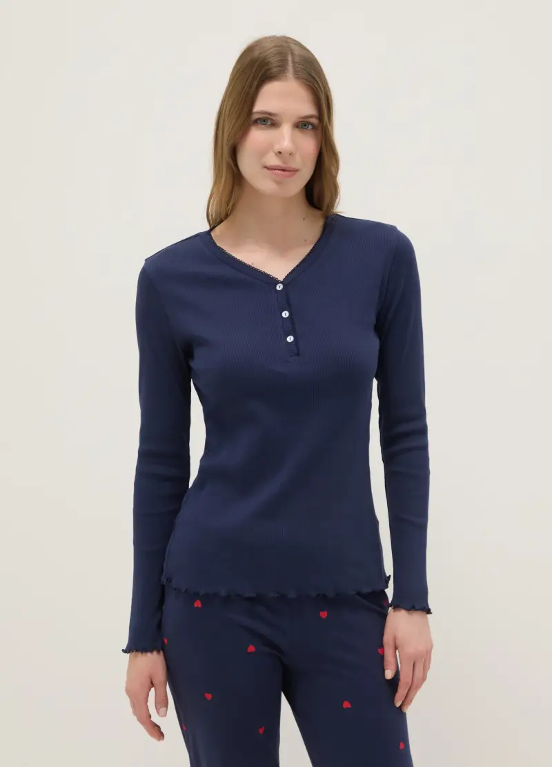 OVS Maglia A Maniche Lunghe In Puro Cotone Blu Regular Fit Con Collo Serafino, Donna, Blu