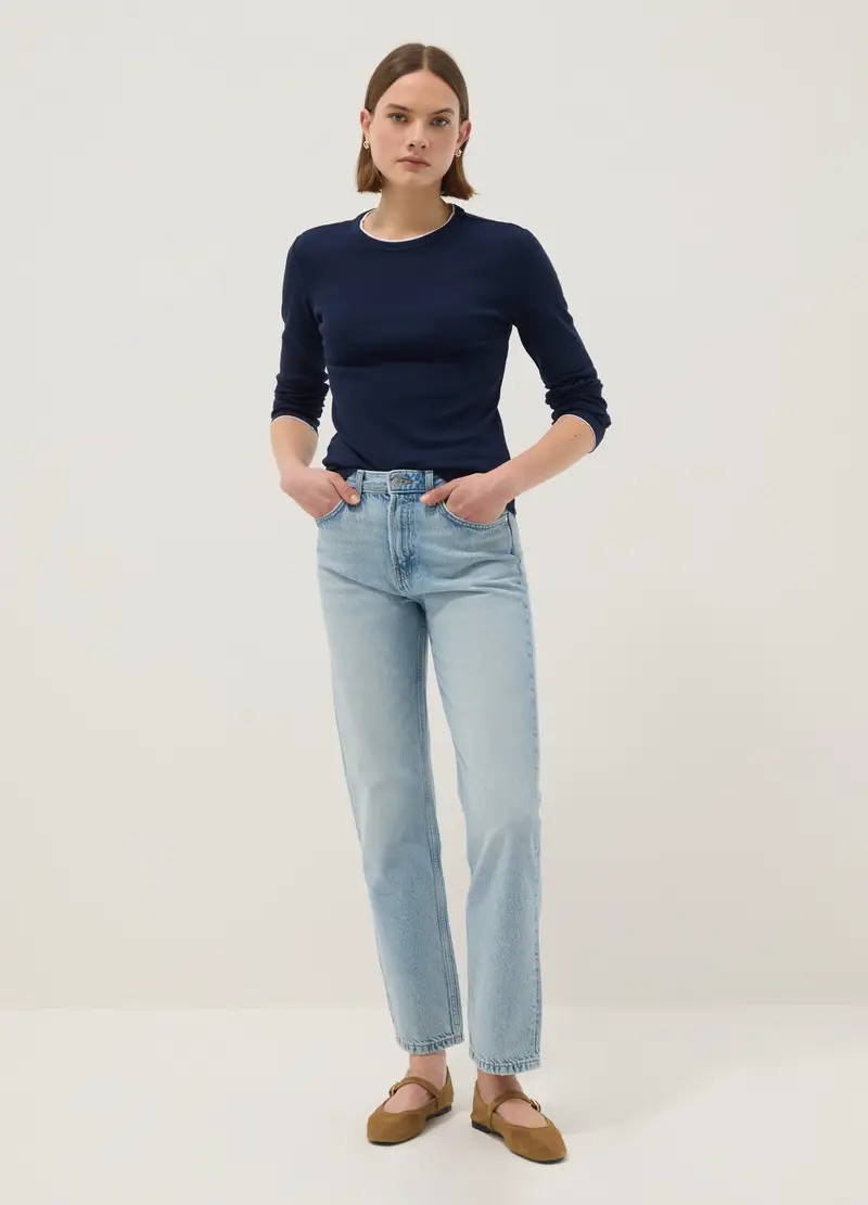 OVS Maglia A Maniche Lunghe In Puro Cotone Blu Regular Fit, Donna, Blu