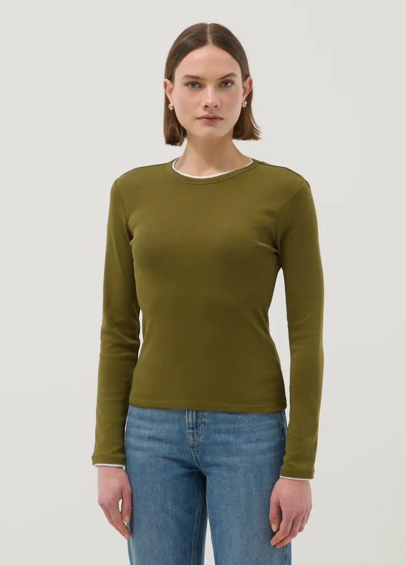 OVS Maglia A Maniche Lunghe In Puro Cotone Verde Regular Fit, Donna, Verde