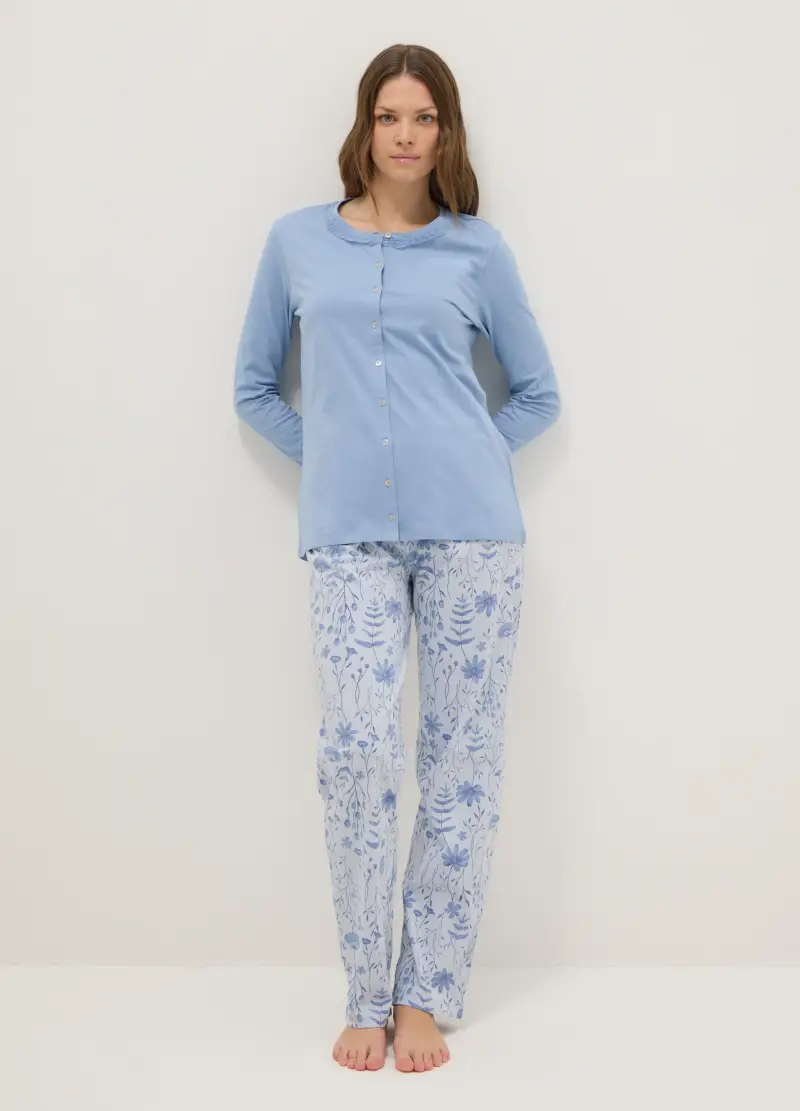 OVS Pigiama Azzurro In Puro Cotone Regular Fit Con Dettagli Floreali, Donna, Azzurro