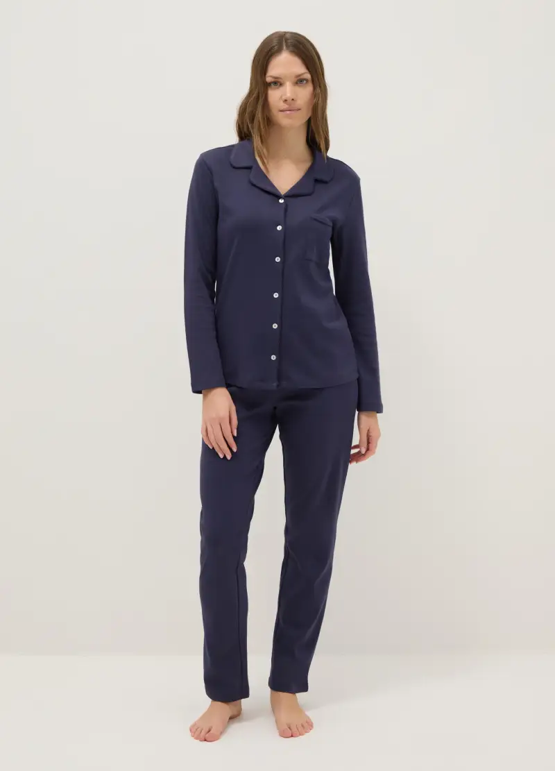 OVS Pigiama Blu In Puro Cotone Regular Fit Con Taschino E Scollo A V, Donna, Blu