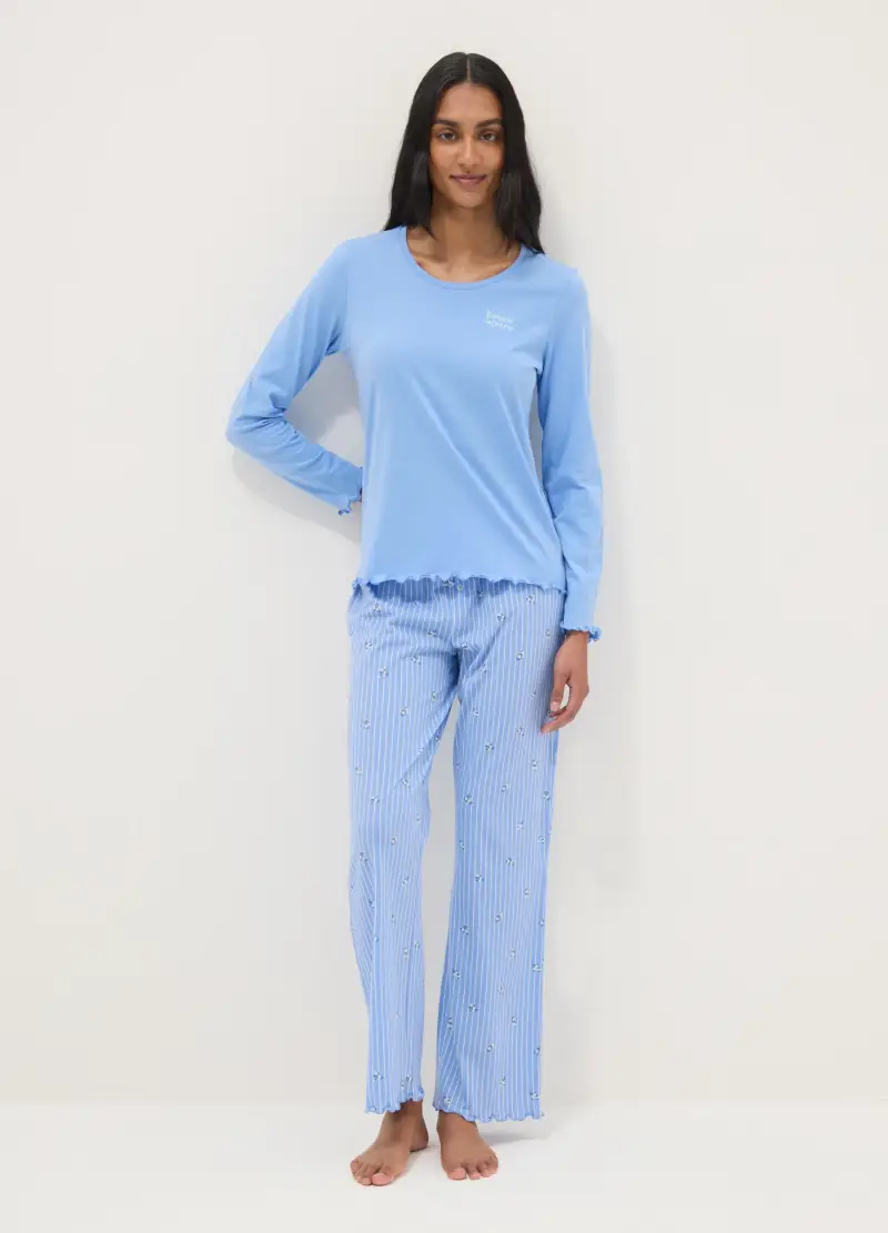 OVS Pigiama In Puro Cotone Azzurro Regular Fit Con Volant, Donna, Azzurro