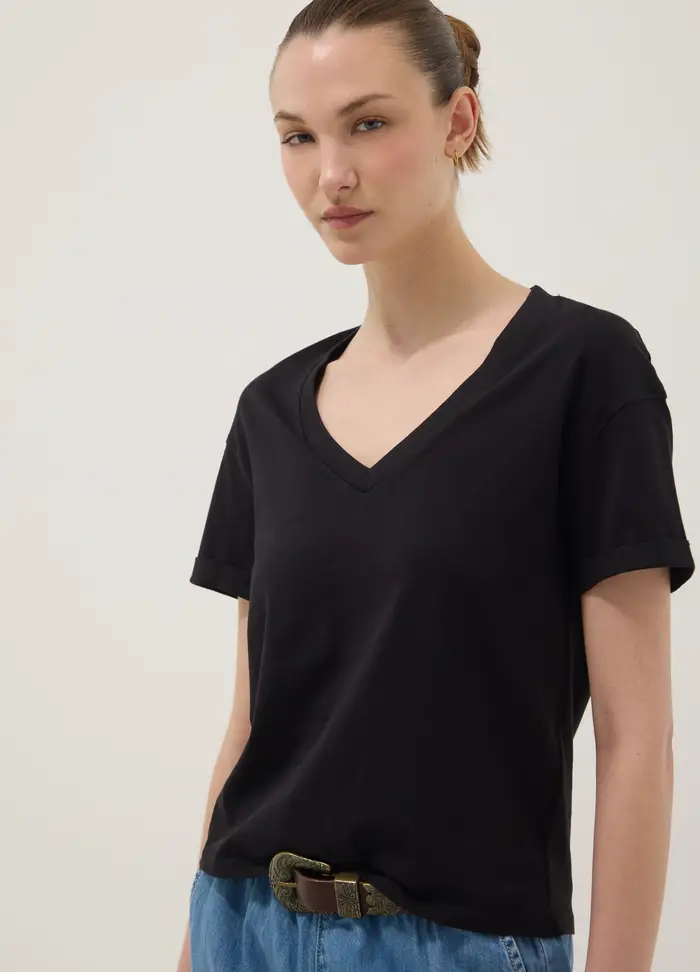 OVS T-shirt In Puro Cotone Nera Relaxed Fit Con Collo A V, Donna, Nero
