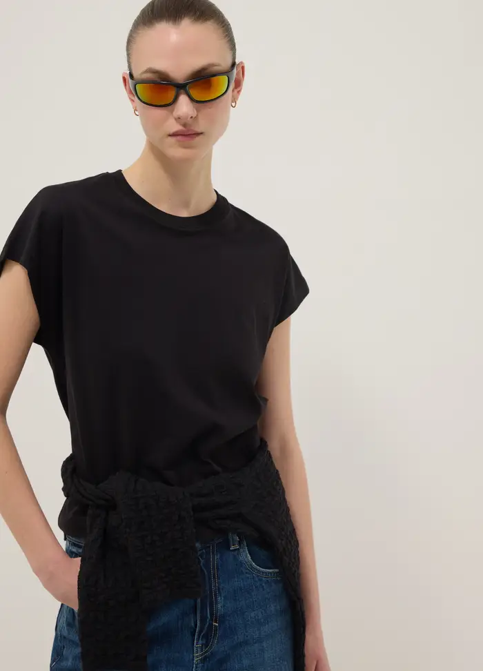 OVS T-shirt Nera A Maniche Corte In Puro Cotone Fitted, Donna, Nero