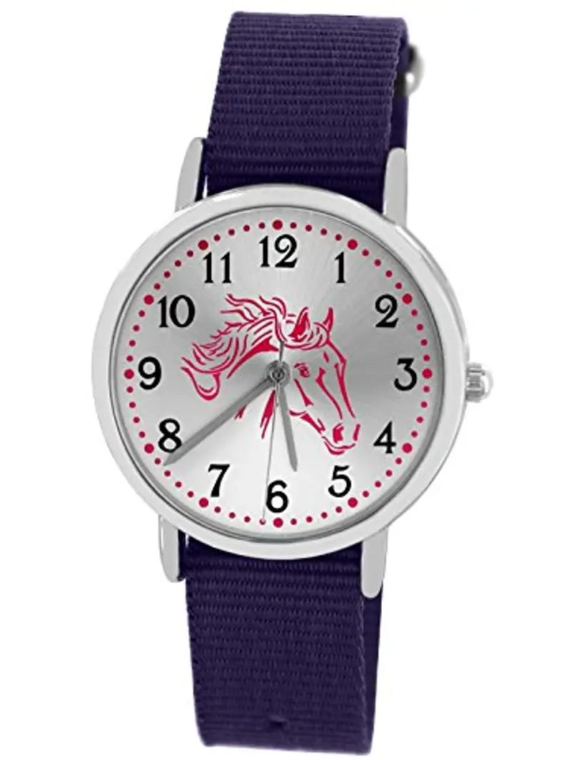 Pacific Time Orologio da polso per bambini, ragazza, ragazzo, rosa, cavalli, cinturino in tessuto, analogico, al quarzo, 86527 - Viola