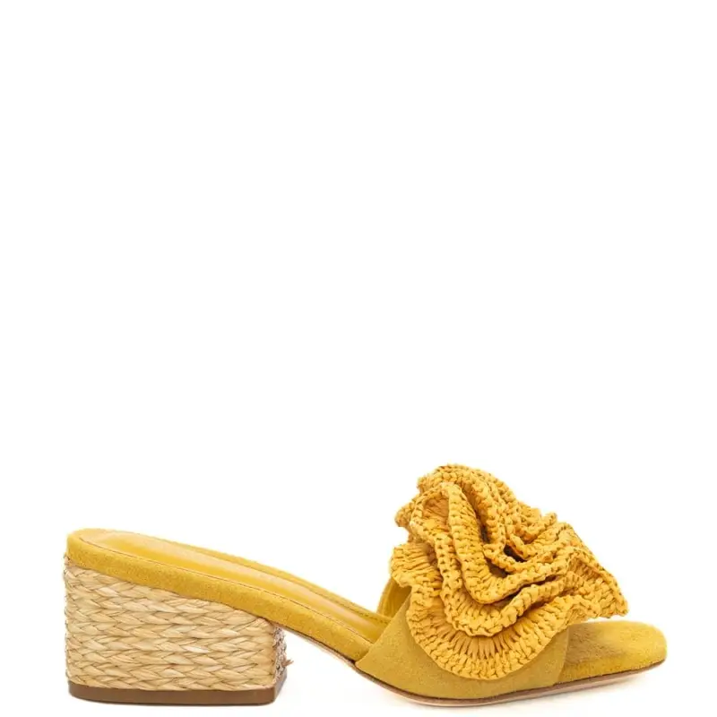 Paloma Barcelo scarpe aperte da donna polly con decorazioni ricamate sulla fascia frontale e tacco a blocco giallo ocra