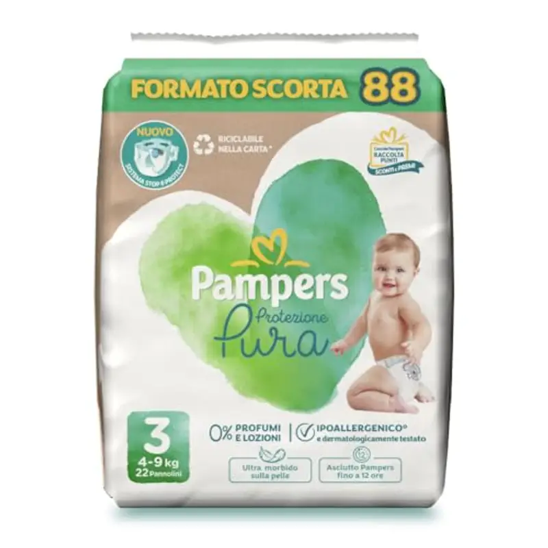 Pampers Protezione Pura, 88 Pannolini Ipoallergenici con 0% Profumo e lozioni, Taglia 3 4-9 Kg, Taglia 3 - Nuova versione