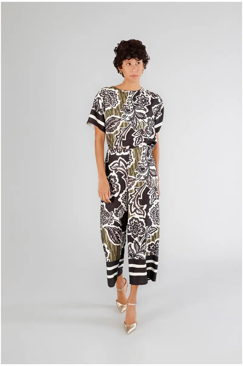 CafèNoir pantaloni palazzo in satin stampato fiore multinero