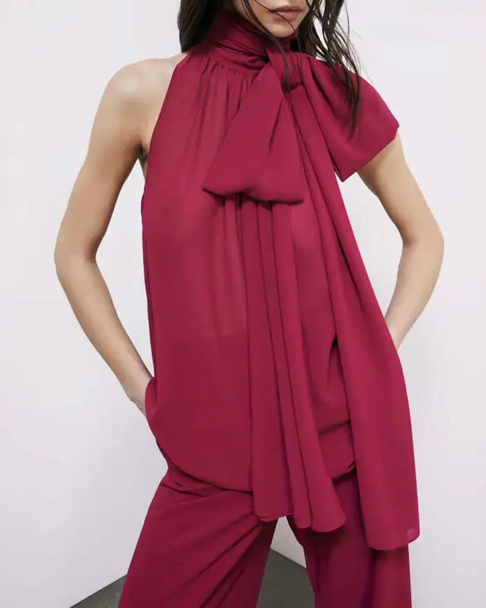 Blusa fluida Patrizia Pepe rubino in georgette con fusciacca e arricciatura sul collo