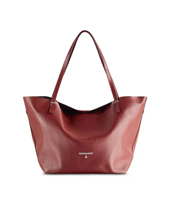 Patrizia Pepe Shopping bag bordeaux linea Never Complete in pelle con scritta logo e punti di cucitura a contrasto