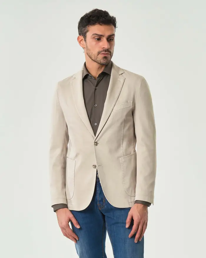 Paul Baker Blazer beige in cotone stretch micro armatura con tasche a toppa e impunture a vista