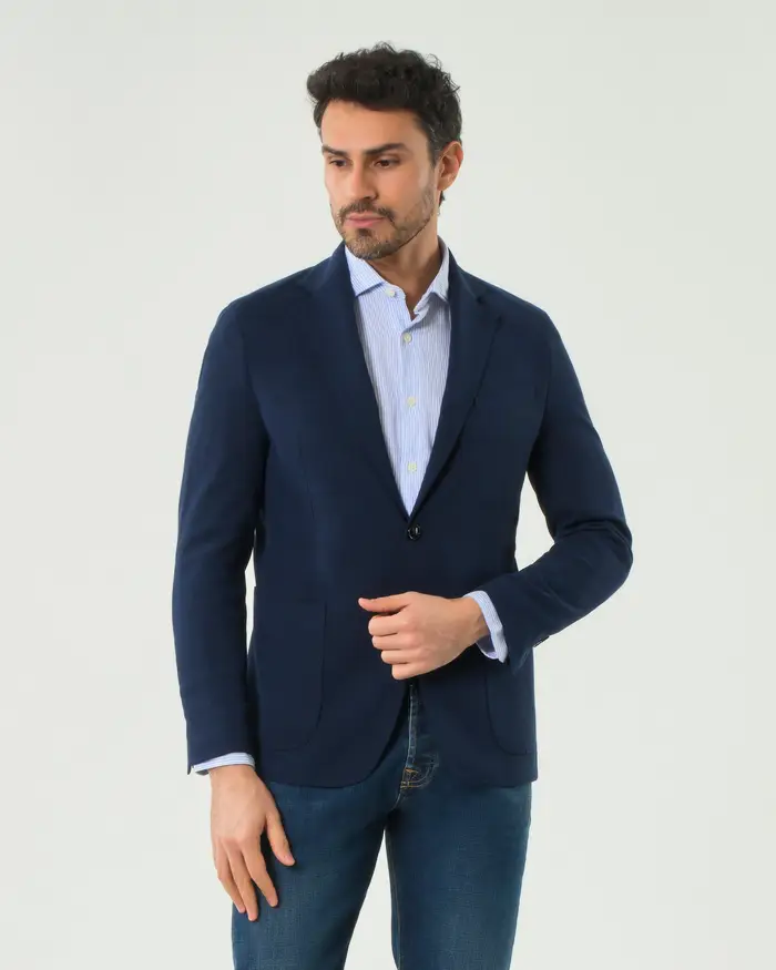 Paul Baker Blazer blu in misto viscosa e lana stretch con tasche a toppa