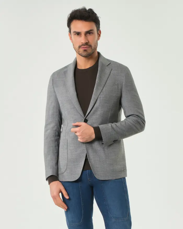 Paul Baker Blazer grigio in misto viscosa e lana stretch con tasche a toppa