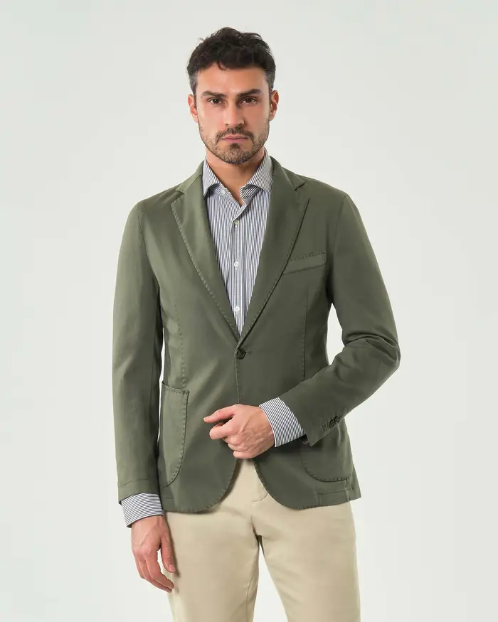 Paul Baker Blazer verde militare in cotone stretch micro armatura con tasche a toppa e impunture a vista