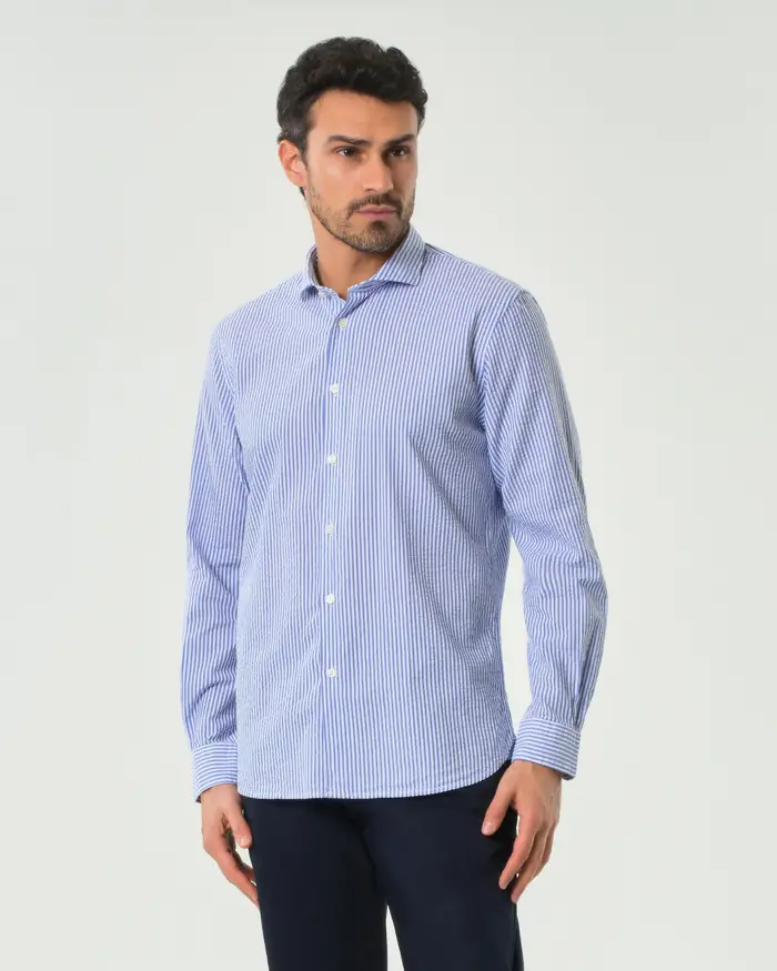 Paul Baker Camicia a righe bianche e celesti in seersucker di puro cotone