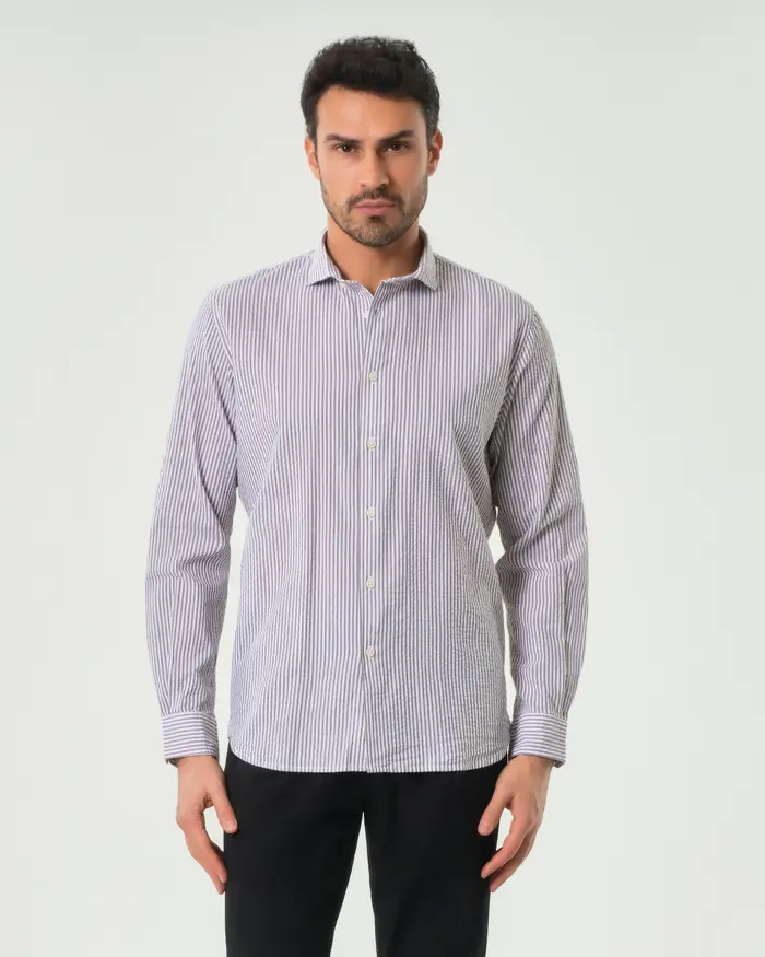 Paul Baker Camicia a righe bianche e noce in seersucker di puro cotone