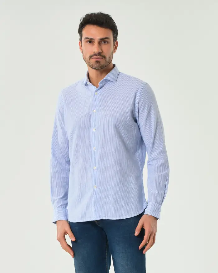 Paul Baker Camicia bastoncino bianco e azzurro in misto cotone e lino