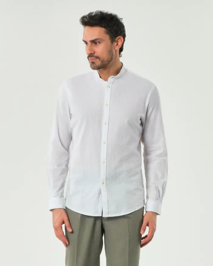 Paul Baker Camicia coreana bianca in seersucker di puro cotone