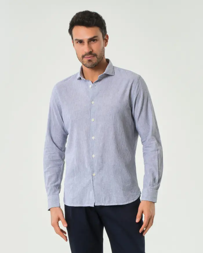 Paul Baker Camicia micro riga bianca e blu in misto cotone e lino