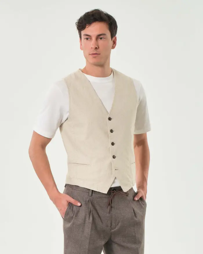 Paul Baker Gilet beige in misto lino e cotone micro riga