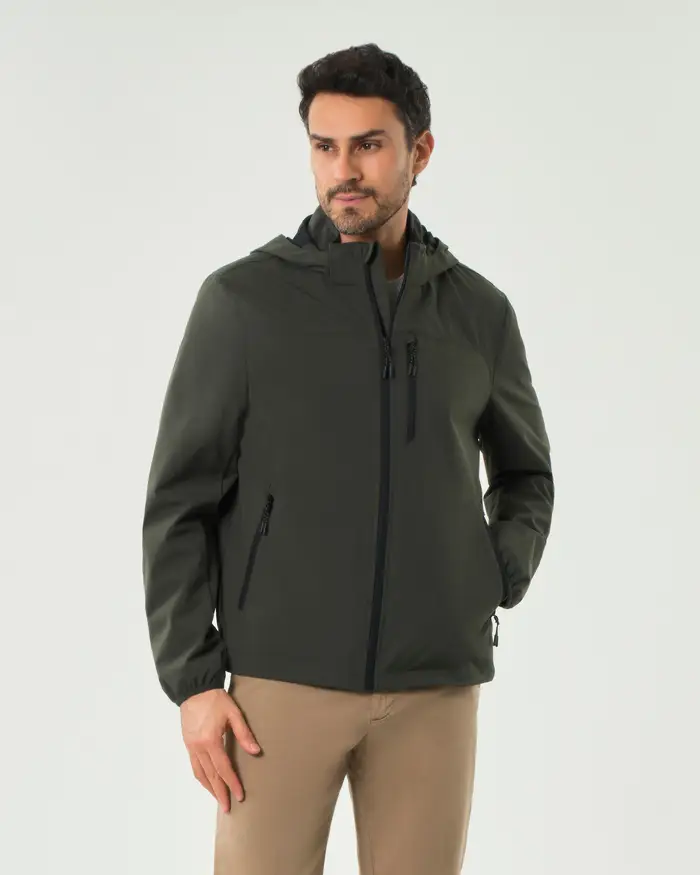 Paul Baker Giubbino verde militare in softshell con cappuccio staccabile