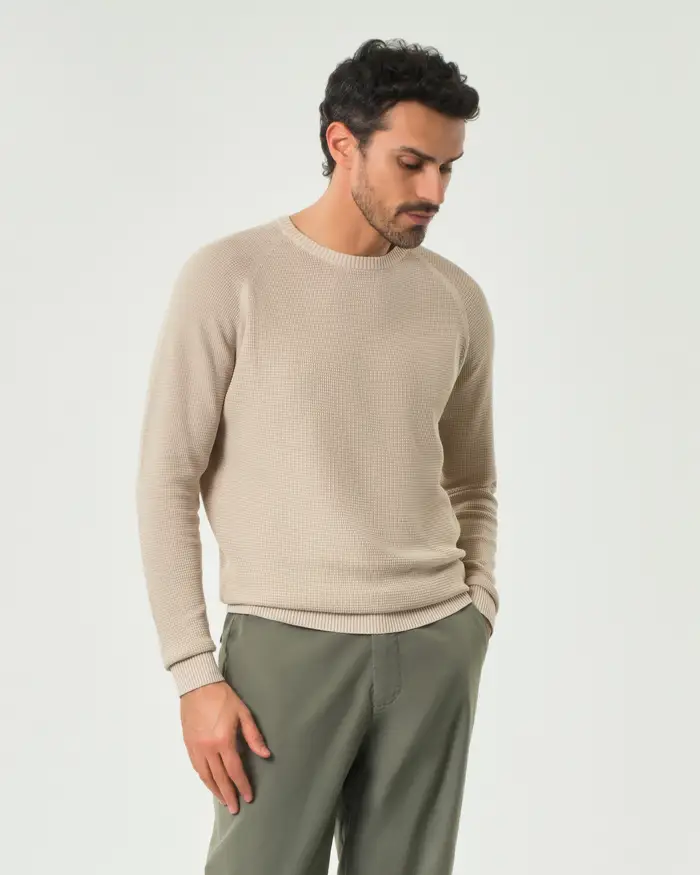 Paul Baker Maglia girocollo beige in puro cotone micro armatura con maniche raglan
