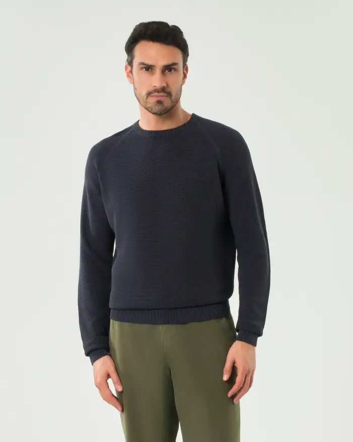 Paul Baker Maglia girocollo blu in puro cotone micro armatura con maniche raglan