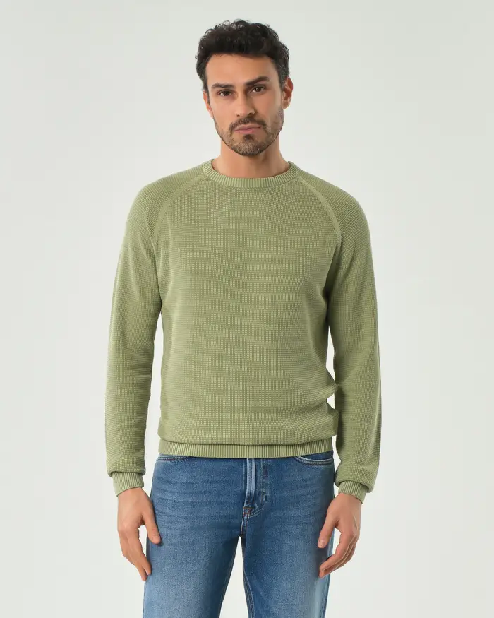 Paul Baker Maglia girocollo verde oliva in puro cotone micro armatura con maniche raglan