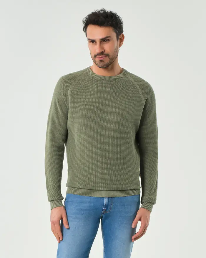 Paul Baker Maglia girocollo verde salvia in puro cotone micro armatura con maniche raglan