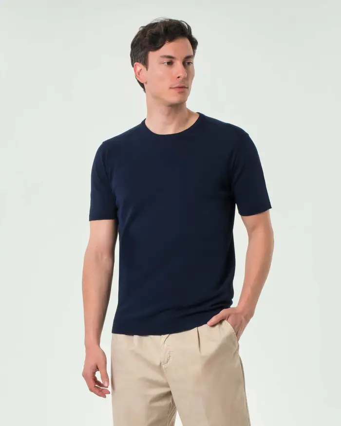 Paul Baker Maglioncino blu mezza manica leggero in crepe di viscosa stretch