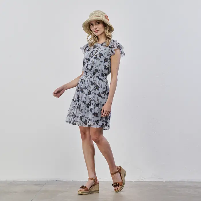 PEPE JEANS Vestito corto azzurro da donna in fantasia floreale con maniche volant