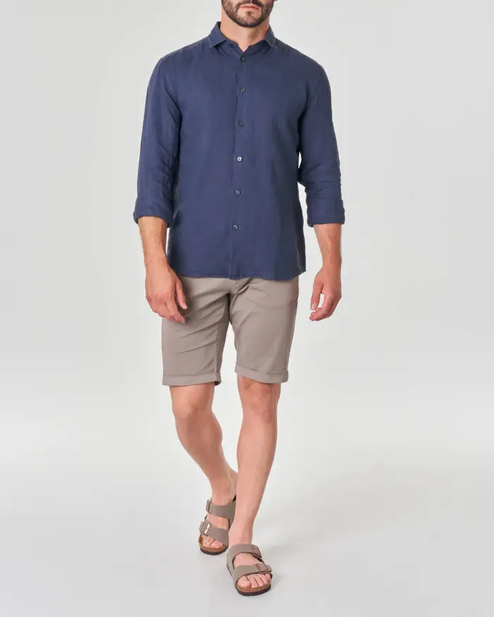 Camicia blu in puro lino con colletto alla francese