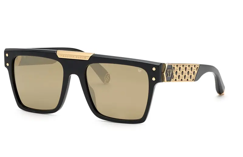 Philipp Plein Unisex SPP080 PLEIN BADGE ! 700G Occhiali da sole Acetato Nero Marrone Squadrata Normale Specchiato