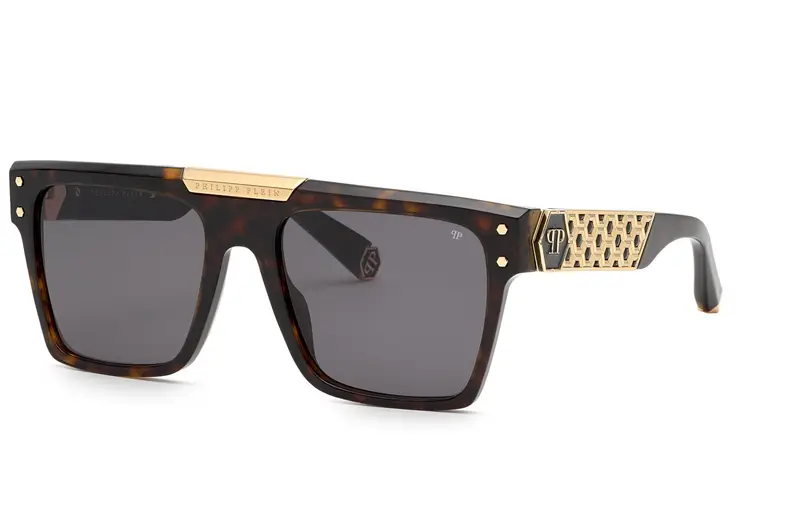 Philipp Plein Unisex SPP080 PLEIN BADGE ! 722 Occhiali da sole Acetato Havana Grigio Squadrata Normale