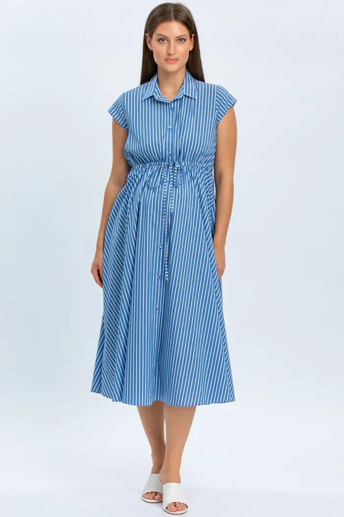 Pietro Brunelli Maternity CELESTE | Abito Chemisier Premaman e Allattamento in Cotone Blu a Righe Blue