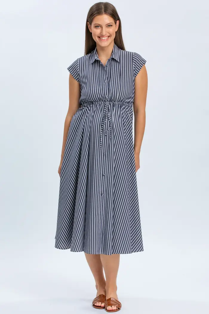 Pietro Brunelli Maternity CELESTE | Abito Chemisier Premaman e Allattamento in Cotone Blu Scuro con Righe Bianche Navy