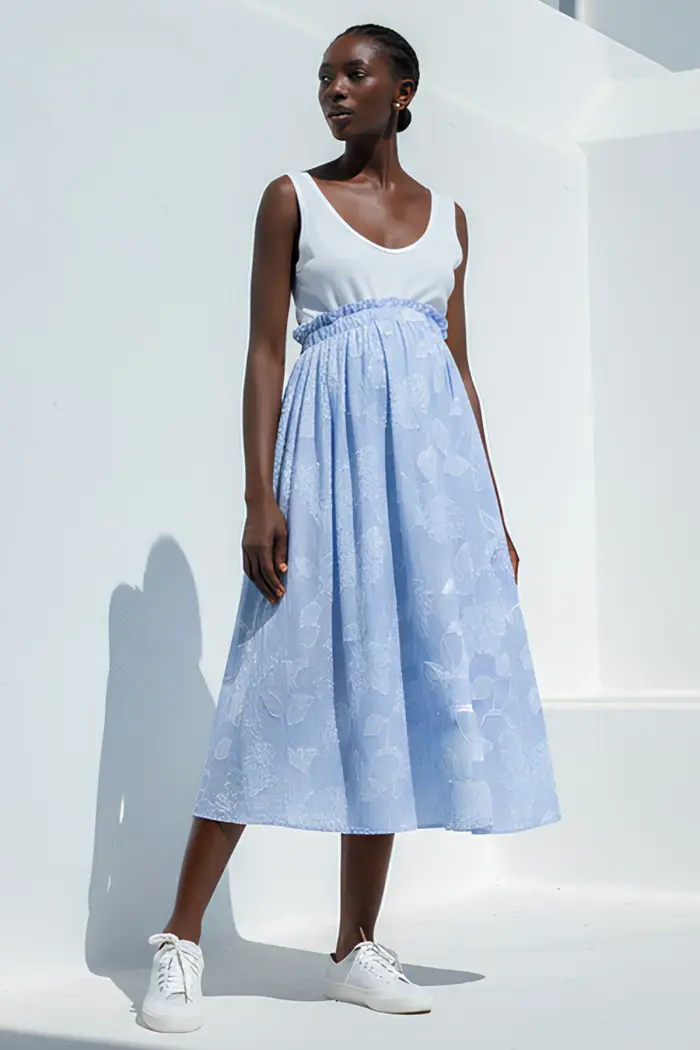 Pietro Brunelli Maternity OLIVIA | Gonna Premaman Midi Stampata in Cotone Blue