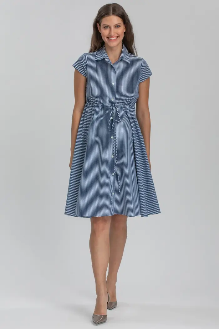 Pietro Brunelli Maternity VIOLA | Abito Premaman e Allattamento in Cotone a Righe Blu Strisce