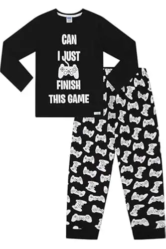 thepyjamafactory Pigiama lungo in cotone per ragazzi con scritta "Can I Just Finish This Game", Nero