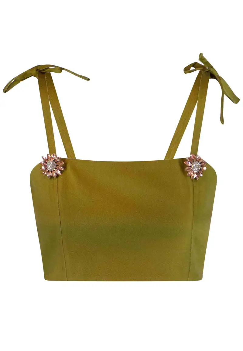 Pink Memories Top donna in cotone verde con bretelline e laccetti e bottoni gioiello Donna 11447