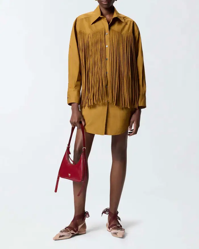 Abito corto chemisier Pinko color khaki in popeline di cotone con frange stile texano